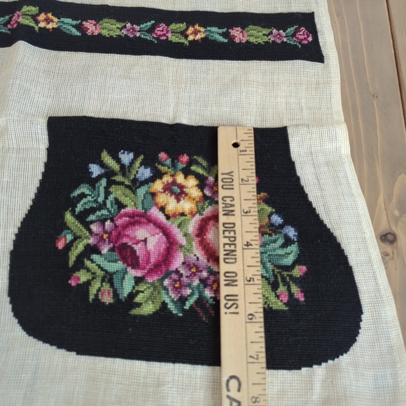 Vtg 50s 60s Needlepoint Embroidered Purse Bag Panels Floral Roses Black Linen - Picture 8 of 9